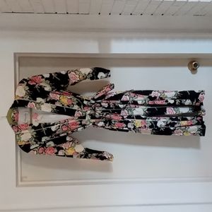 Christian Dior Vintage Black Floral Robe, Sash, Pockets, Shoulder Pads size smal